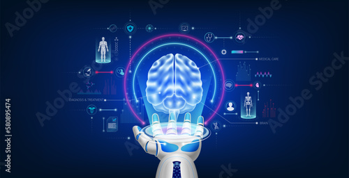 Futuristic medical cybernetic robotics technology. Human brain virtual hologram float away from robot hand with medical icon. Innovation artificial intelligence robots assist care health. 3D Vector.