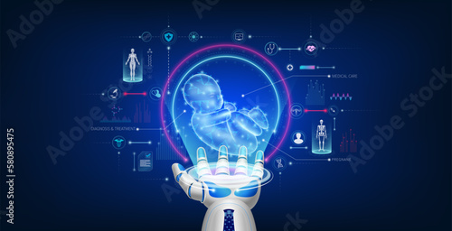 Child infant virtual hologram float away from robot hand. Pregnancy and artificial insemination medical innovation. Futuristic medical cybernetic robotics technology. Realistic Vector.