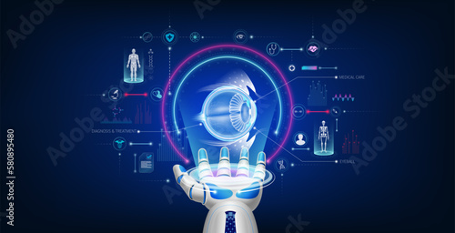 Futuristic medical cybernetic robotics technology. Human eyeball virtual hologram float away from robot hand with medical icon. Vision eye surgery cataract and astigmatism. Realistic 3D Vector.