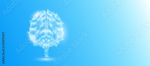 Human brain anatomy form line triangles connecting on blue background. Futuristic glowing organ hologram translucent white and copy space for text. Medical anatomical concept. Modern design vector.