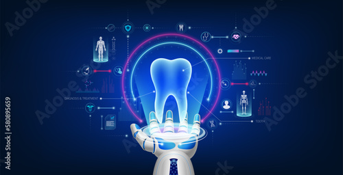 Futuristic medical cybernetic robotics technology. Human tooth virtual hologram float away from robot hand with medical icon. Innovation artificial intelligence robots assist care health. 3D Vector.