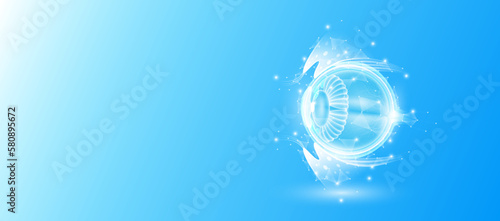 Human eyeball anatomy form line triangles connecting on blue background. Futuristic glowing organ hologram translucent white and copy space for text. Medical anatomical concept. Modern design vector.