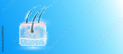 Human hair skin anatomy structure form line triangles on blue background. Futuristic glowing organ hologram translucent white and copy space for text. Medical anatomical concept. Modern design vector.