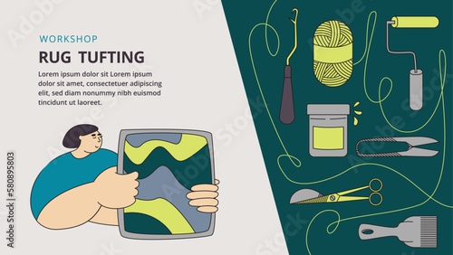 Rug tufting workshop landing page concept. Person holding hand made carpet. Colorful vector illustration in flat style. Banner, invitation card design.