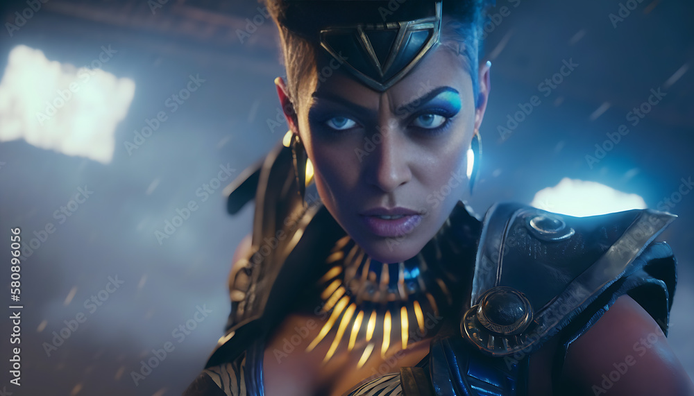 Generative AI Illustration of portrait strong black afro female warrior, cosplay Generative AI Illustration of portrait strong black afro female warrior, cosplay