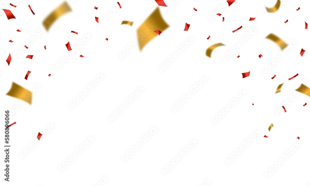 Red Gold confetti and ribbon background, isolated on transparent background. PNG illustration. - obrazy, fototapety, plakaty 