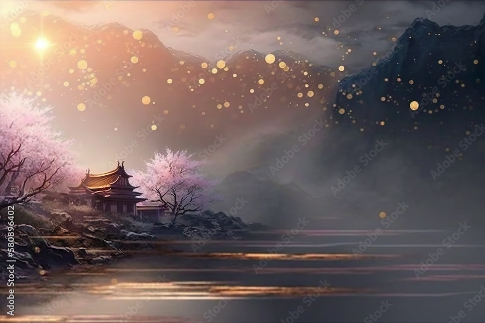 Chinese landscape temple on lake and cherry blossom created with Generative AI