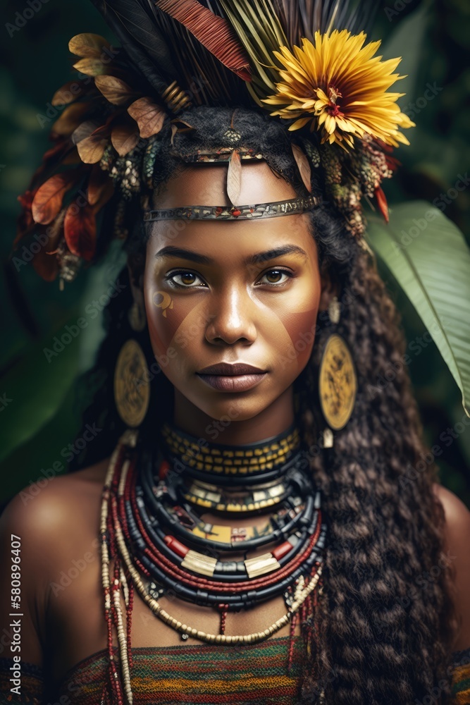 Beautiful female tribal, Amazon forest, portrait. Generative AI