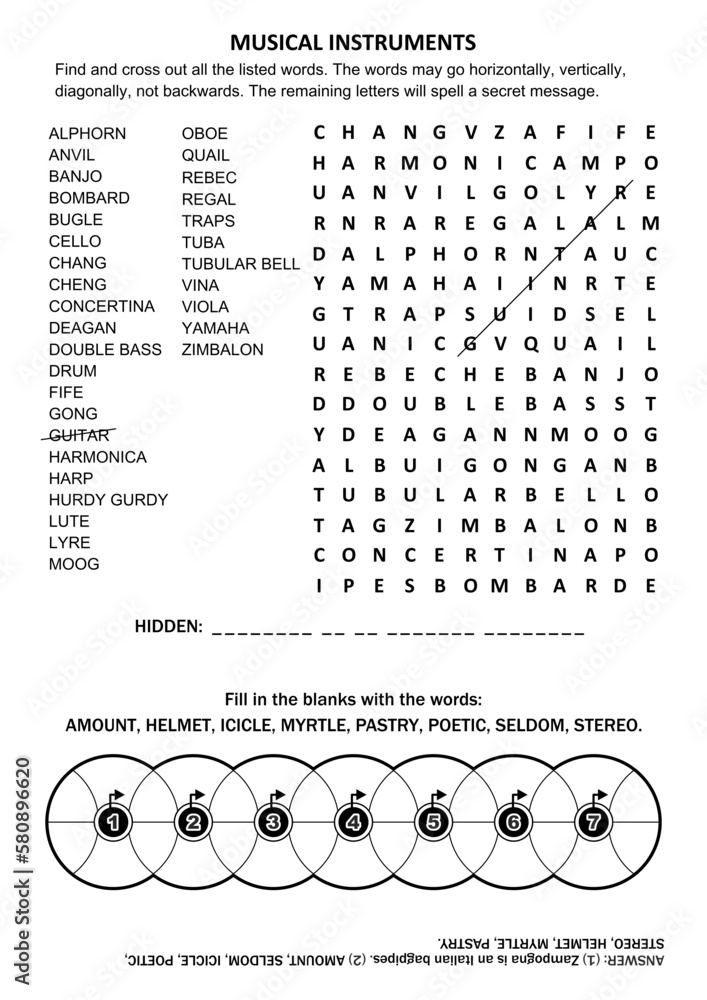 Puzzle page with two word games. Musical instruments word search puzzle