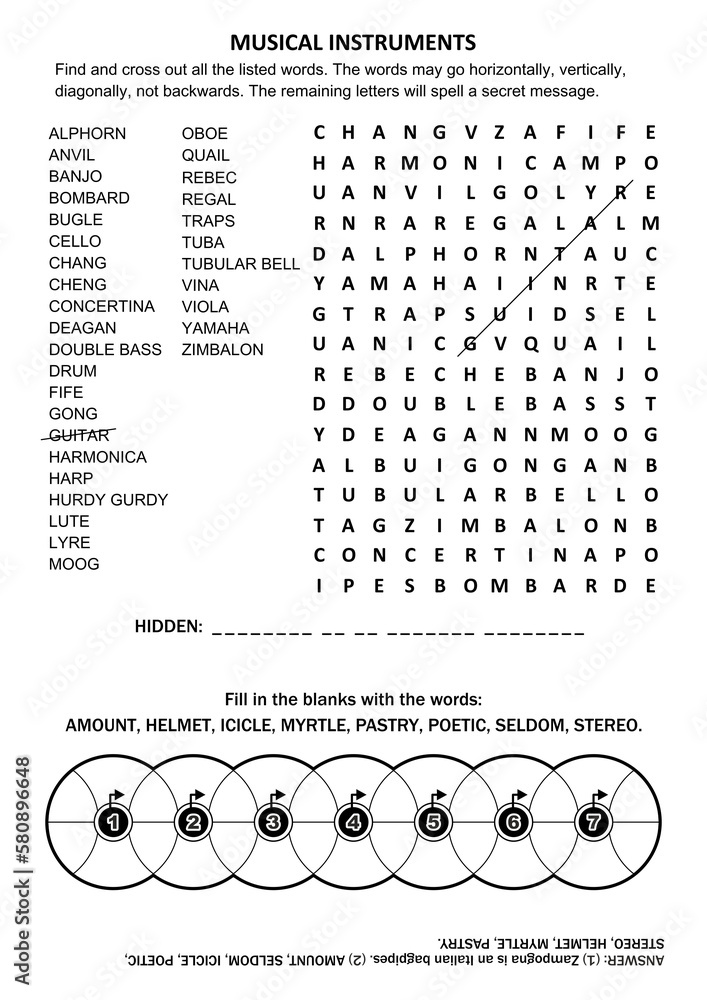 Puzzle page with two word games. Musical instruments word search puzzle
