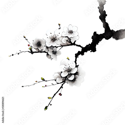 Traditional ink painting style plum tree branches, Beautiful white plum, winter flowers.