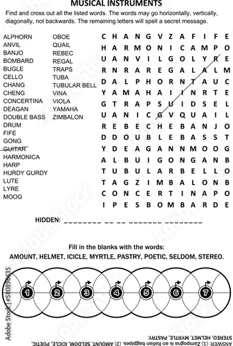 Puzzle page with two word games. Musical instruments word search puzzle. Fill in the blanks of wheels criss-cross crossword puzzle.
