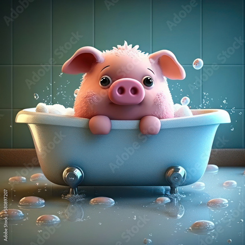 A funny pig in a cartoon style in a bathtub. Pig taking a bath in a bathtub. Generative AI