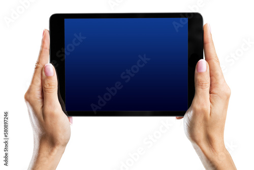 Hands holding tablet pc isolated