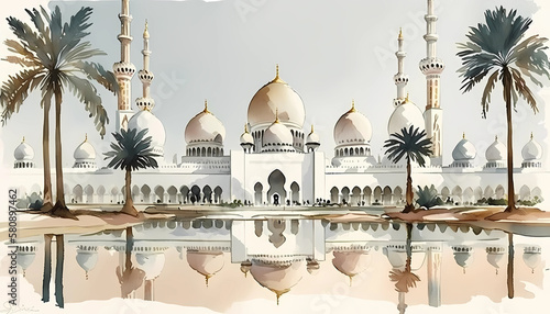 Sheikh Zayed Grand Mosque in Abu Dhabi watercolor. digital art illustration. generative AI.