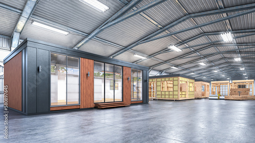 Bild auf Leinwand Assembly shop of modular houses with ready-made and unfinished
