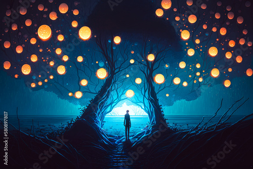 Fototapeta A man standing at the base of a tree, surrounded by dozens of glowing orbs of li
