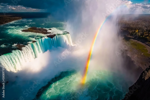 Aerial view of Niagara Falls with a rainbow in the background - Generative AI