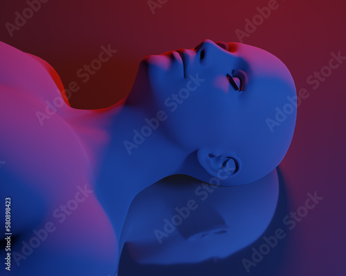 3D rendering of a portrait of a red matte bald woman on a white background. 