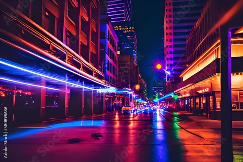 Downtown nightlife city lights and lit up buildings. Generative AI, Generative, AI