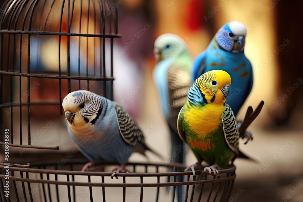 Obraz premium Cute colorful budgies in cage, outdoors. Generative AI