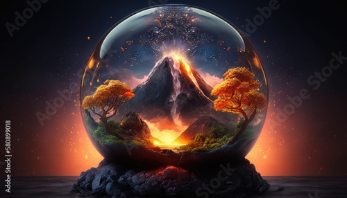 Volcano inside a mystical glass crystal ball. Created with Generative AI.