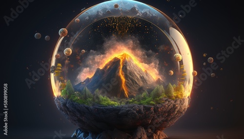 Volcano inside a mystical glass crystal ball. Created with Generative AI.