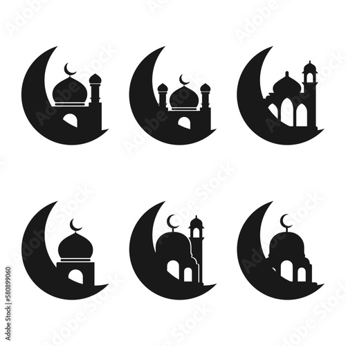 Mosque silhouette on crescent moon isolate
