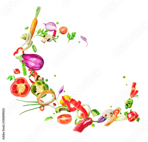 The concept of nutrition. Pieces of vegetables in the form of a wave on a white background.