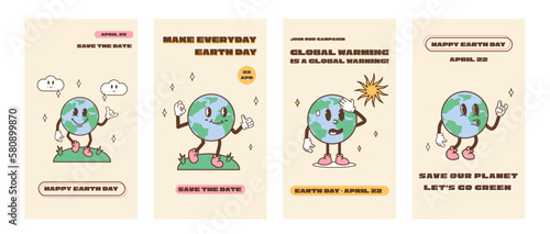 Set for Happy Earth Day social media ig stories template. Vintage nostalgia cartoon planet earth mascot with environmental problem slogan. Recycle concept story or banner. Retro vector illustration.
