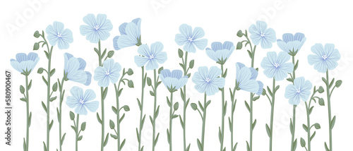 blue linum,flax, field flowers, vector drawing wild plants at white background, floral elements, hand drawn botanical illustration