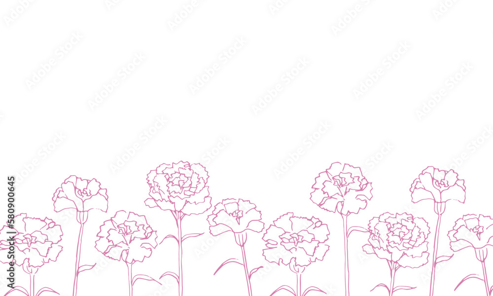 カーネーションの線画ベクターイラスト。手書きの春の花。母の日のイラスト。Line drawing vector illustration of carnation. Hand drawn spring flowers. Illustration for mother's day.
