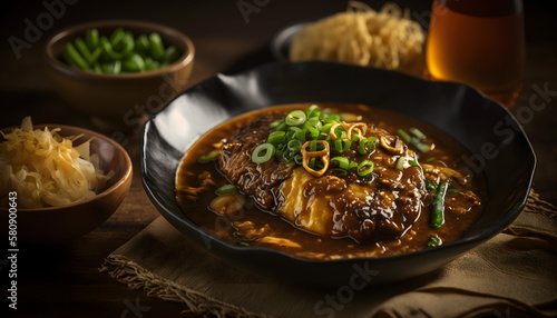 Hot and Sour Soup, Egg Foo Young, and Beef Chow Mein, AI Generated photo