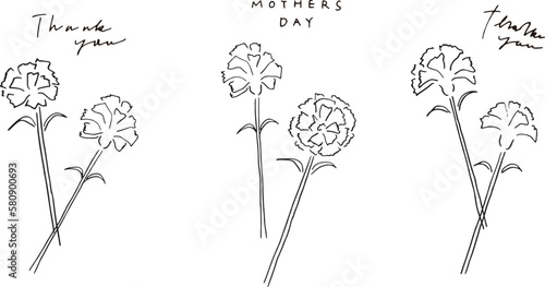 カーネーションの線画ベクターイラスト。手書きの春の花。母の日のイラスト。Line drawing vector illustration of carnation. Hand drawn spring flowers. Illustration for mother's day.