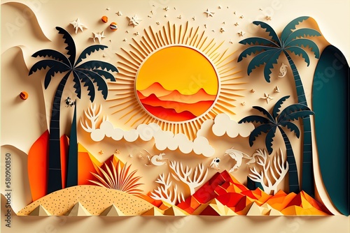 Abstract summer concept in papercut style in 8K created with generative ai technology