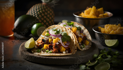 Tacos Al Pastor with Grilled Pineapple, Cilantro, and Onion Relish, AI Generated