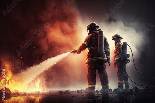 Firefighters, Firemen spraying high pressure water or suitable extinguishing agents to fire with copy space . Generative AI