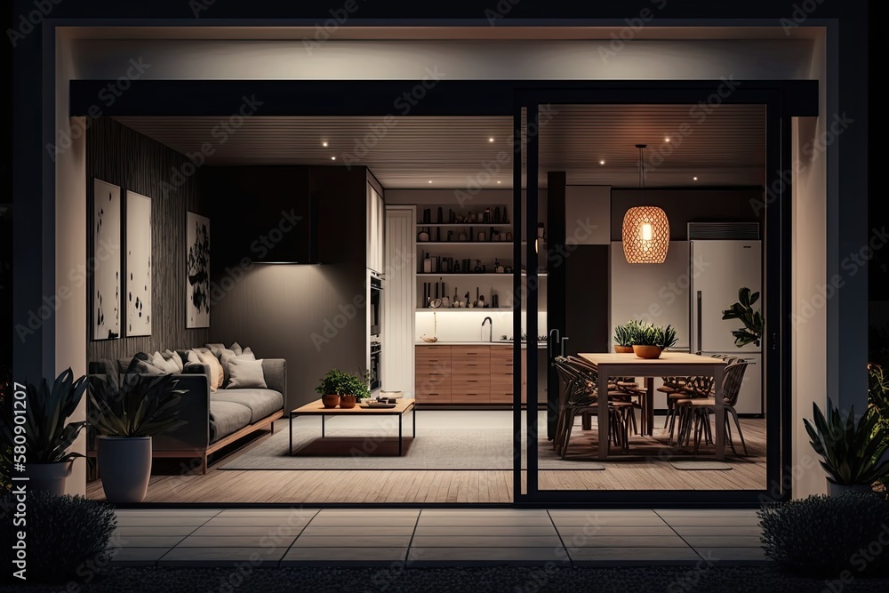 Modern House with a door entrance to the living room and dining kitchen including table set up beside the pillows on sofas at night with lights. Generative AI Modern House with a door entrance to the living room and dining kitchen including table set up beside the pillows on sofas at night with lights. Generative AI