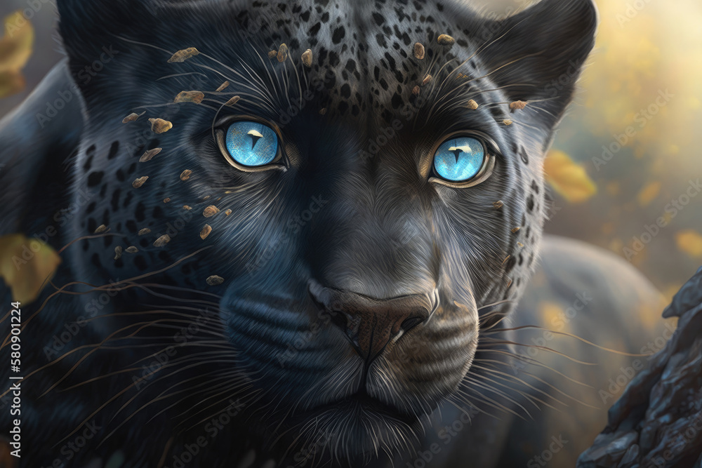 a close-up of a black leopard with blue eyes, a photorealistic, generative AI