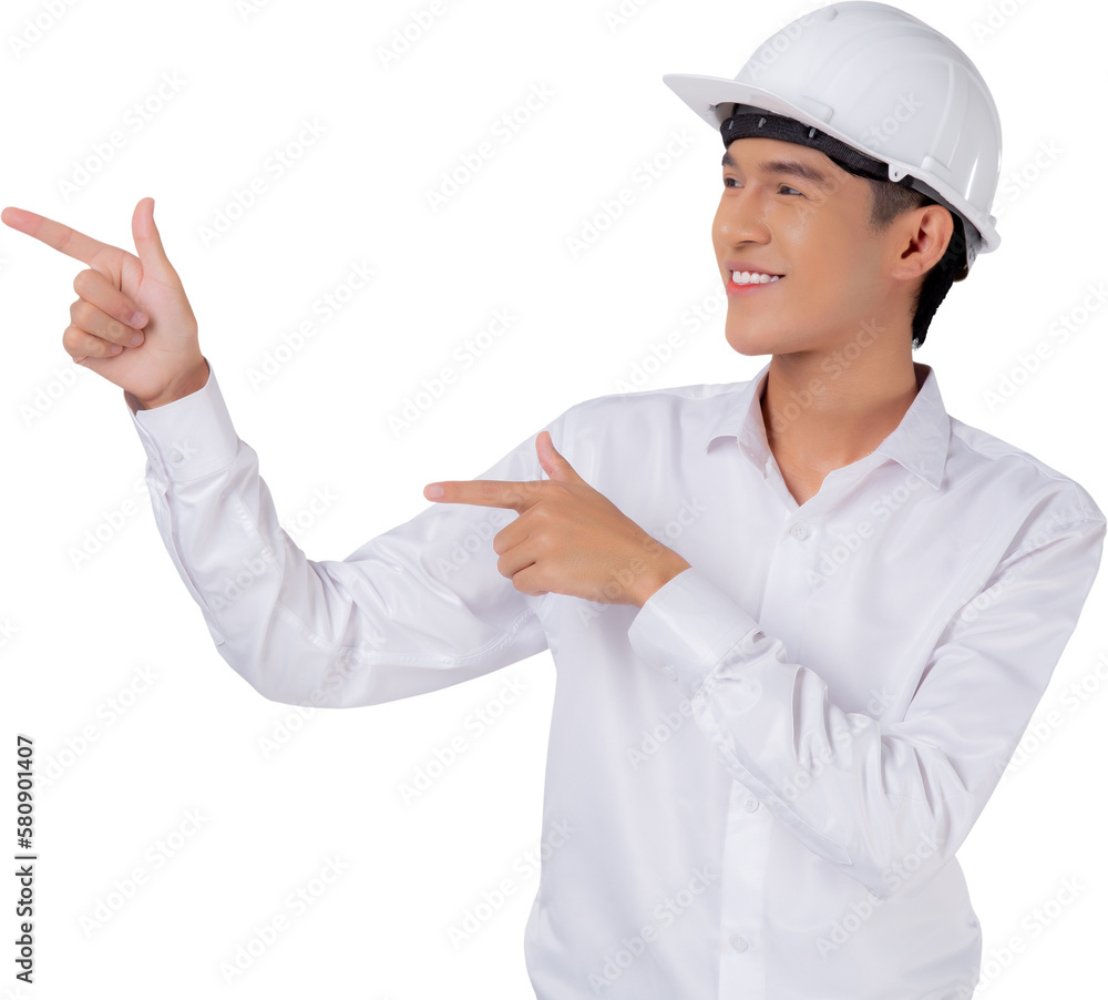 Portrait young asian man is engineer wearing helmet standing and smiling with confident, male is architect or contractor presenting or showing something, industrial concept. Portrait young asian man is engineer wearing helmet standing and smiling with confident, male is architect or contractor presenting or showing something, industrial concept.