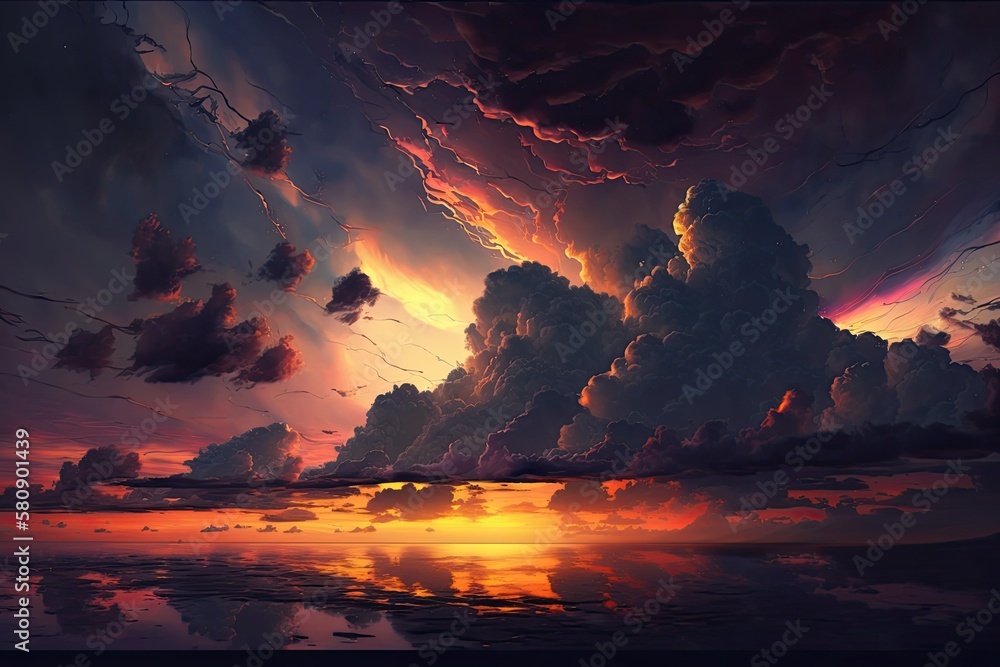 Beautiful sunset background with cloudy sky. Generative AI