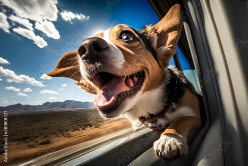 happy dog out of the car window , Generative AI