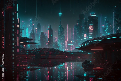 Futuristic cyber city with skyline, towers, holograph hologram commercials neon signs. Generative ai illustration