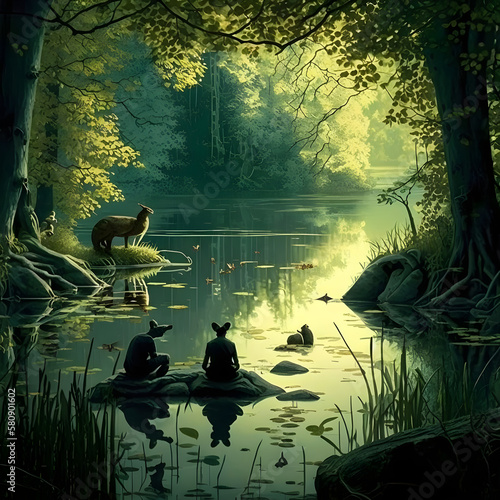 A serene forest pond with a couple sitting by the water's edge, surrounded by wildlife