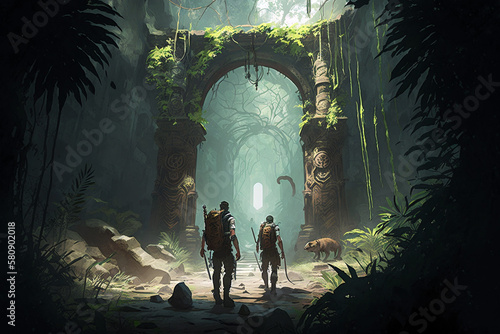 A team of explorers venturing through a dense jungle, encountering dangerous wildlife, ancient ruins, and other challenges. Generative AI concept art
