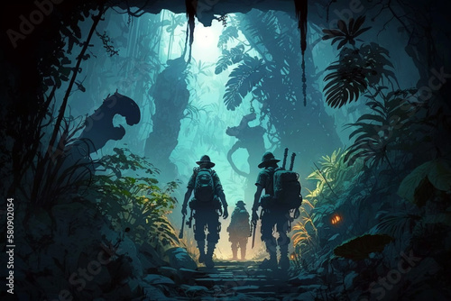 A team of explorers venturing through a dense jungle  encountering dangerous wildlife  ancient ruins  and other challenges. Generative AI concept art