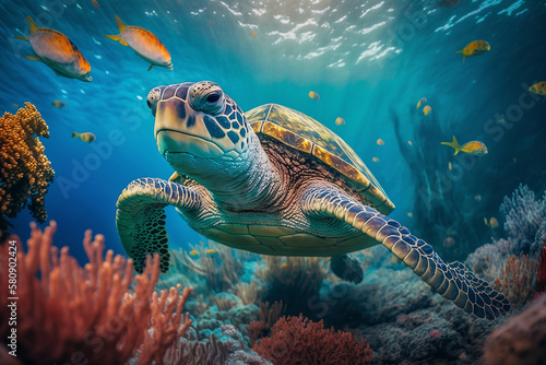 Sea turtle swimming in the under sea , Beautiful Underwater and colorfull coral in wild nature of the Pacific Ocean - ai