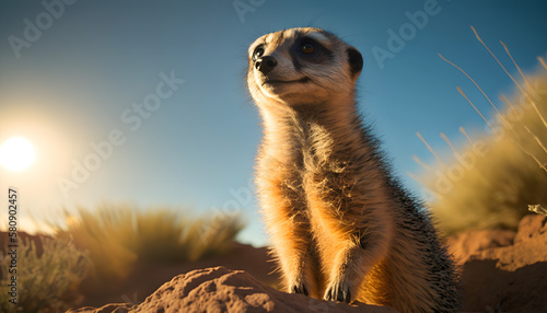 meerkat on guard close up of a Meerkat side view, golden hour, cute Meerkat wildlife nature © Yasir