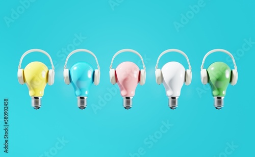 Colorful Light bulbs color Floating put on headphones isolate on blue color background. Minimal idea concept. 3D Render.