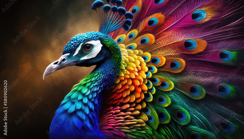 Obraz premium A colorful peacock with a black background. Generative AI